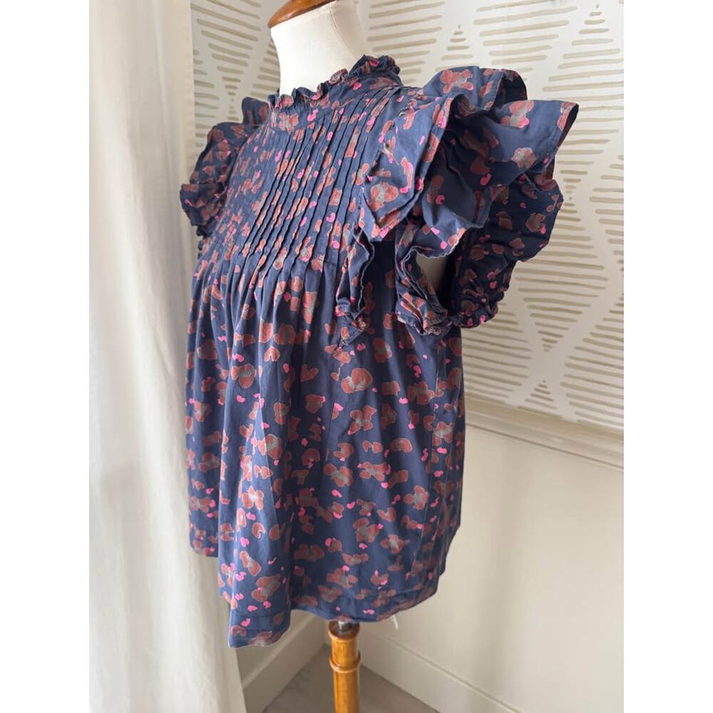 Oliphant Women’s Large Navy Pink Pintuck Ruffle Sleeve Top Blouse - Picture 5 of 9